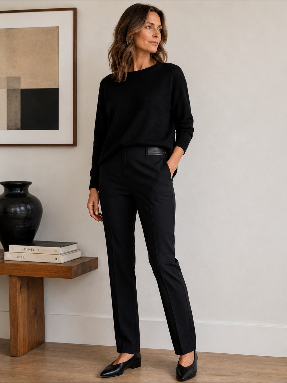 Vince Black Slim Straight Pants Leather Trim Waist Detail Women’s 10 Minimalist